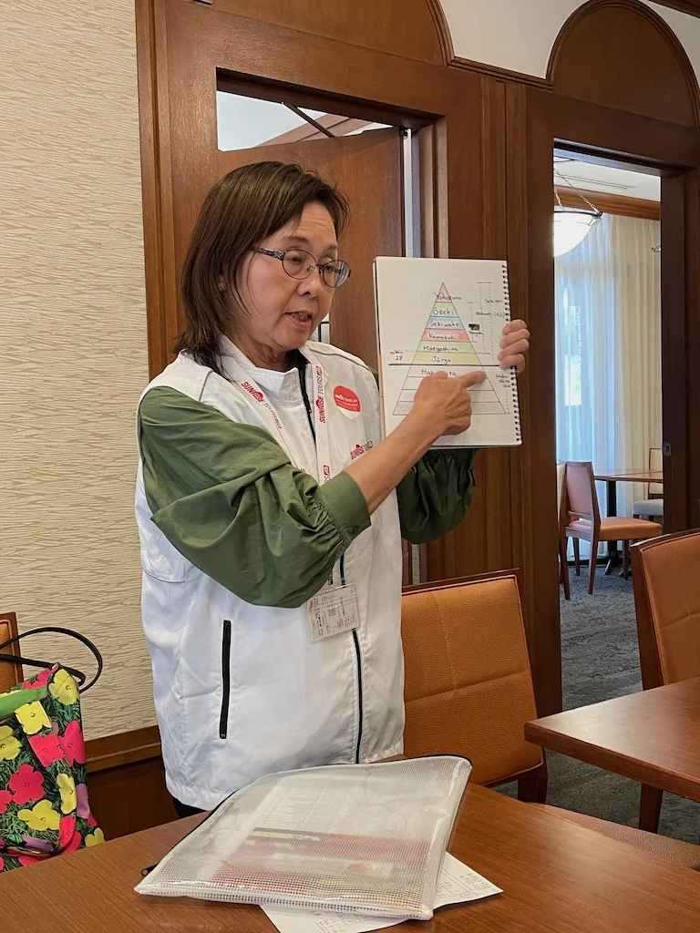 A Japanese woman explaining sumo wrestling as she holds a notebook with drawings