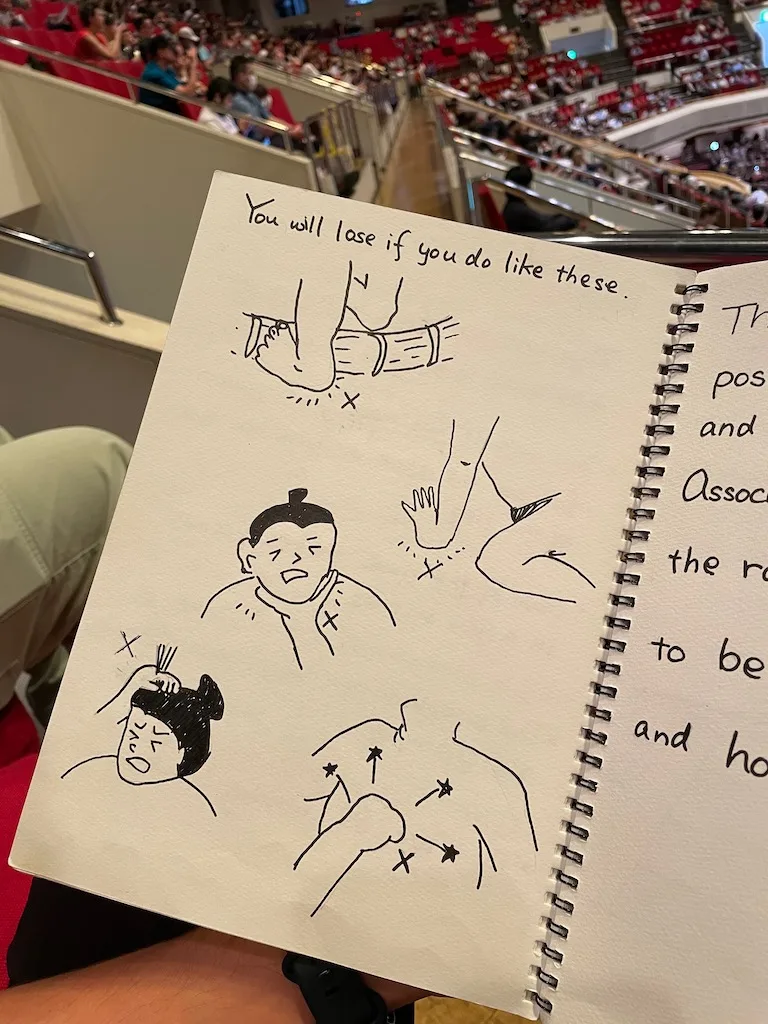 A notebook with drawings of Japanese sumo wrestling