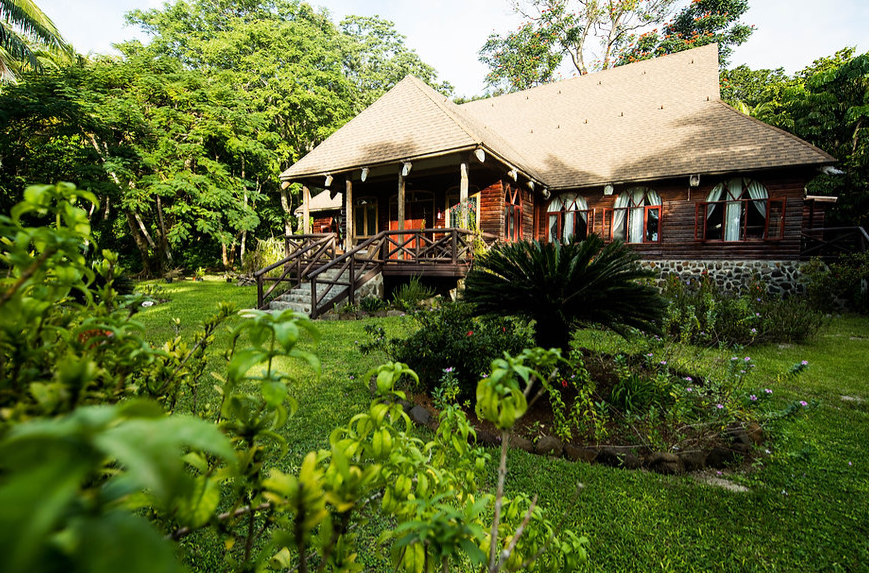 Image of a resort villa surrounded by green vegetation, with trees in the background and shrubs in the foreground 