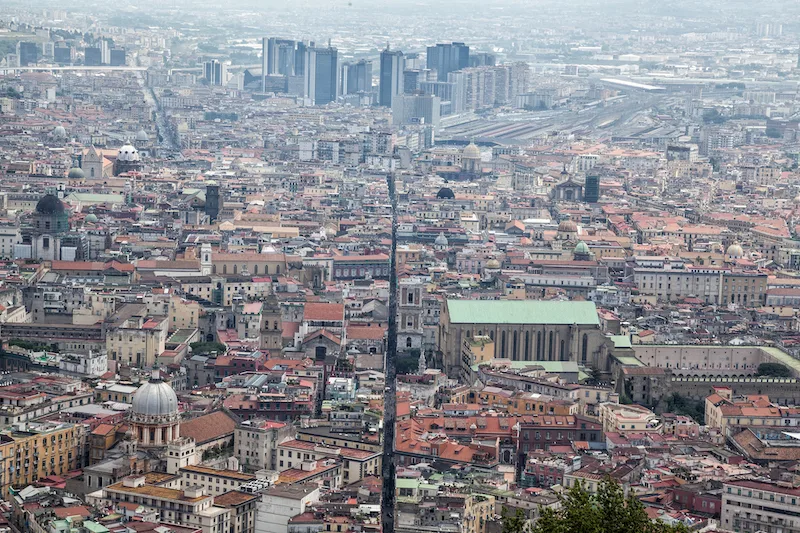 Image of Spaccanapoli, Naples' most famous street, taken from the top of a hill.