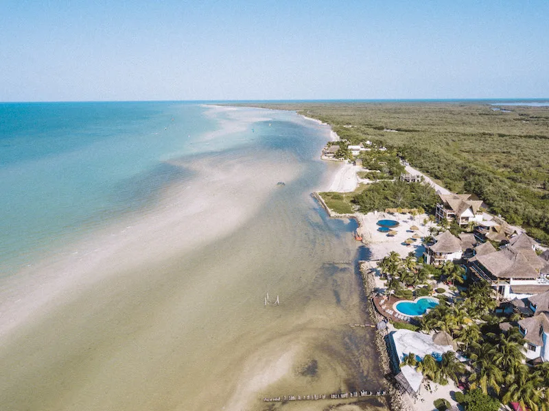 Drone image of the coast of Holbox Island in Mexico, inserted in a post about the best Holbox tours from Cancun and Playa del Carmen.