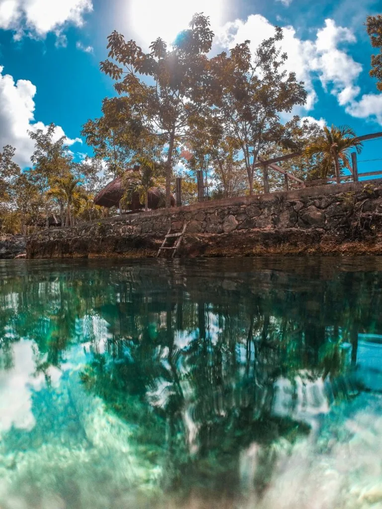 An image of a natural cenote with palm trees in the background, inserted in a post about Zacil Ha Cenote