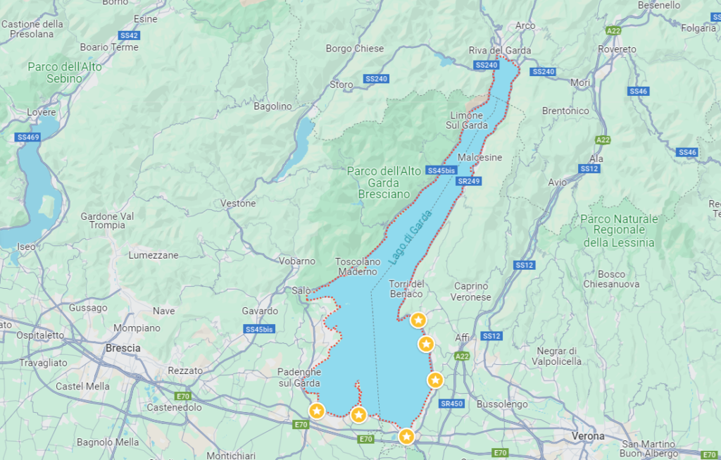 a map of Lake Garda, with stars making a few towns on its southern shores