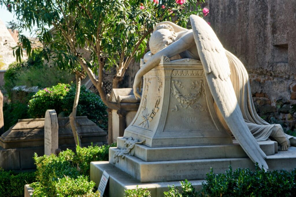 The sculpture of an angel located in the Protestant Cemetery in Rome