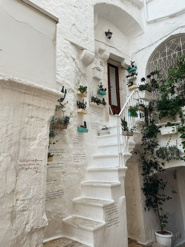 A white staircase surrounded by plants, and writings on the wall