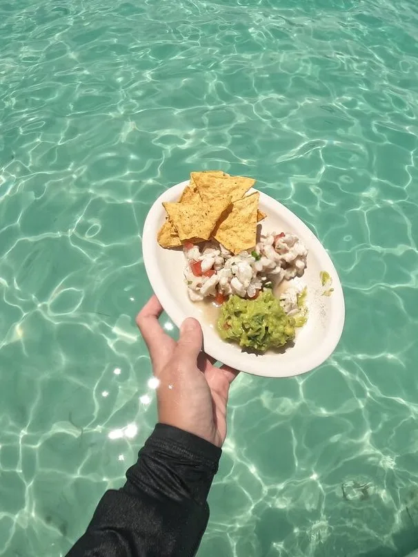 Hand holding a paper plate over the ocean with guacamole, ceviche and tortillas.