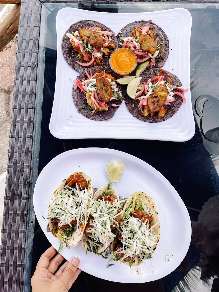 Three tacos placed on a white oval plate, next to a square white plate with four tacos and salsa