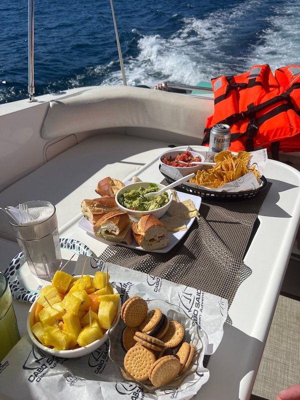 A table on a boat filled with food: tortillas and salsa, cookies, sandwiches and guacamole. and fresh fruit.