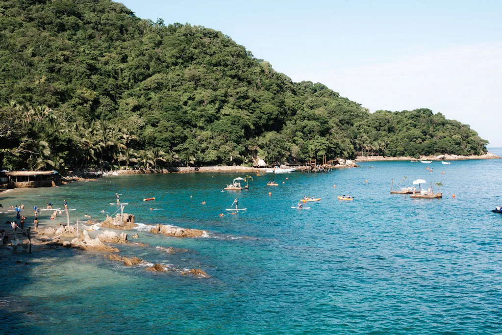 View of a beach club with the jungle in background.