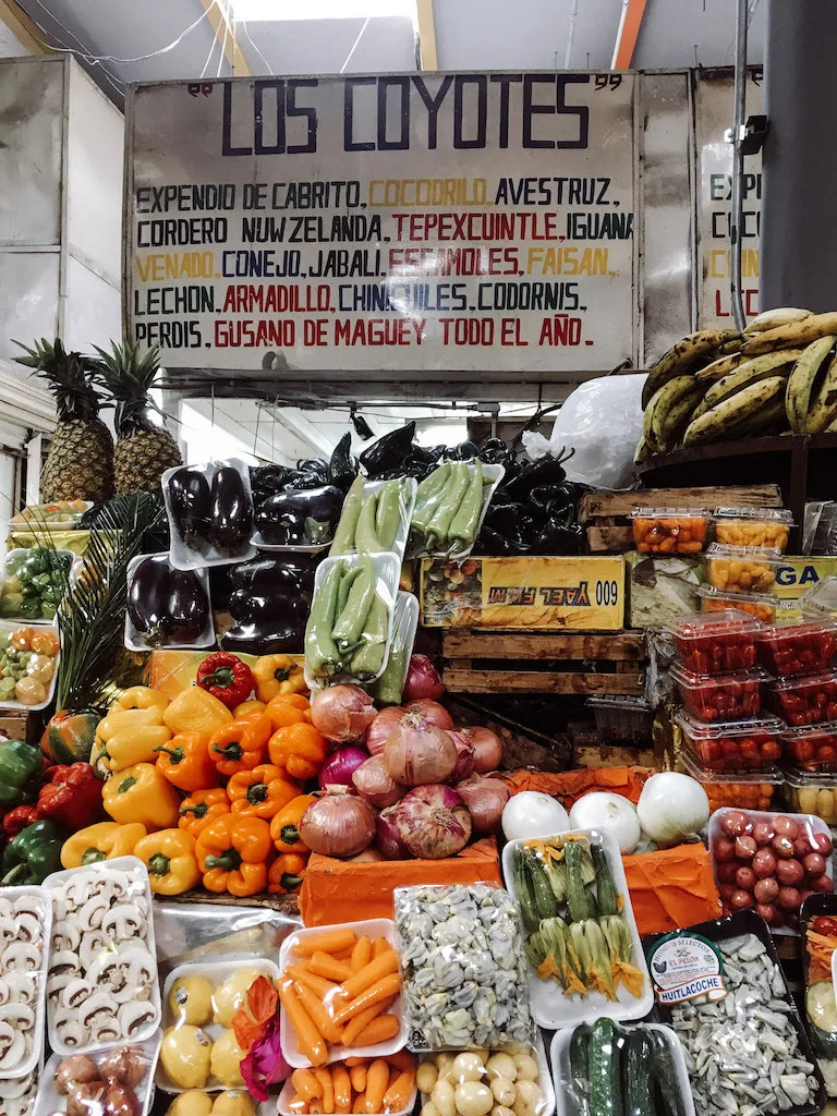 A fruit and vegetable stall at Mercado San Juan in Mexico City.