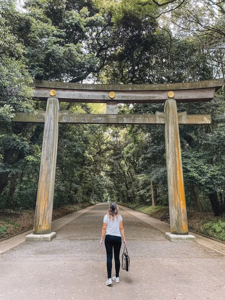 A woman waering black pamts and a white tshirt and holding a brow bag is standing in front of a brown tori gate in a park.