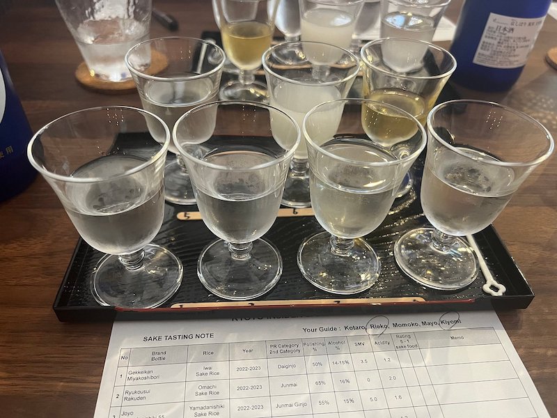 Seven glasses with a clear liquid inside on a tray in front of a paper that says 