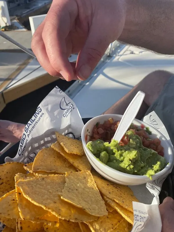 A hand holding a white paper bowl with guacamole and some tortillas on a plate.