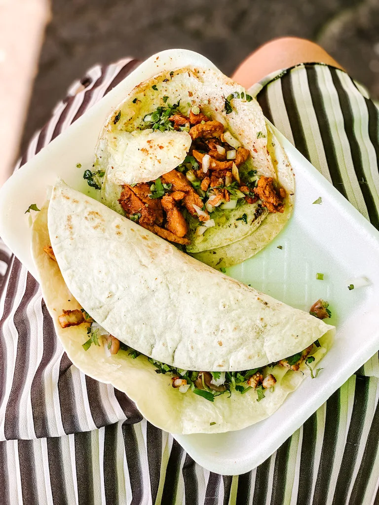 Two tacos with meat and veggies and a quesadilla on a polyester plate.