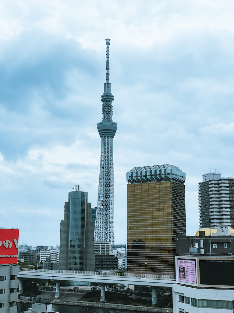 View of Tokyo SkyTree surrounded by otehr buildings from afar.