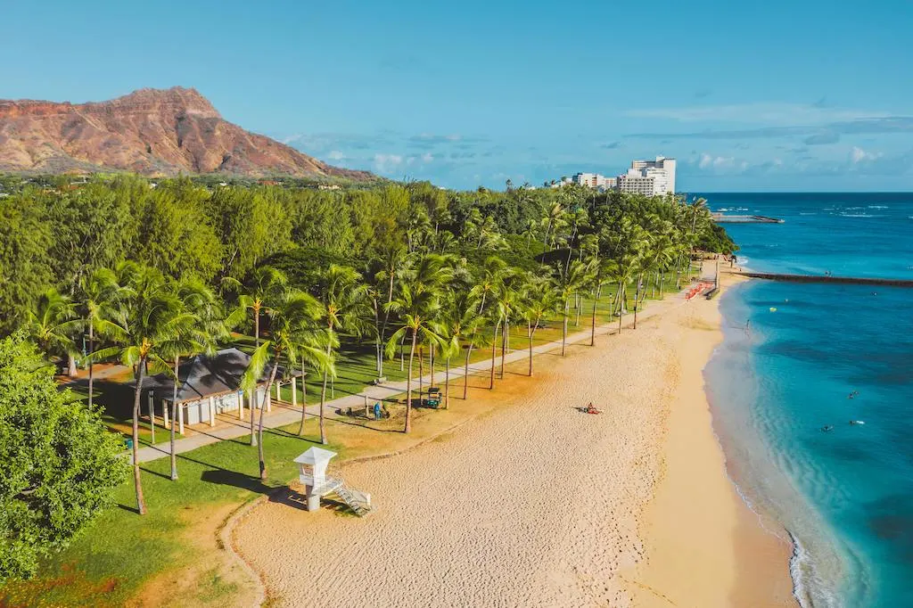 Image of a golden strip of beach, the turquoise sea to the right, vividly green palm trees and vegetation on the left, and a mountain in the background