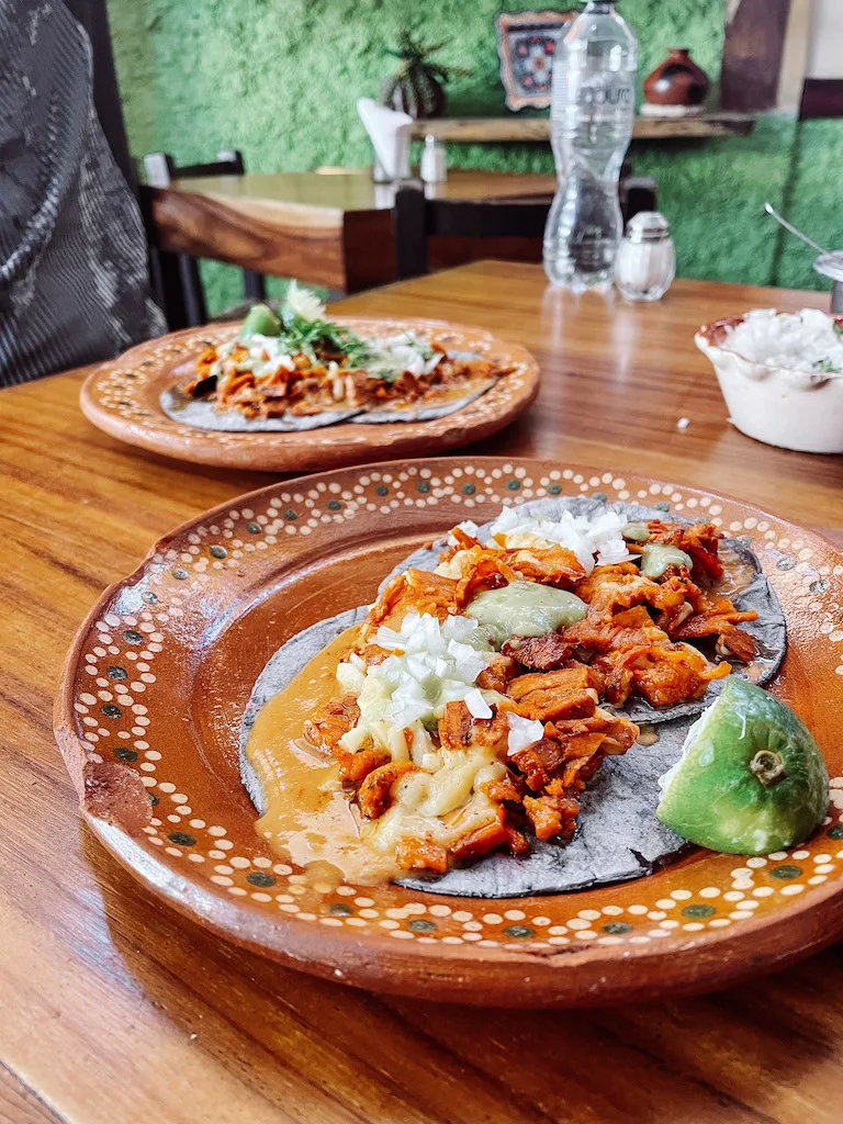 A terracotta dish with two tacos filled with colorful ingredients, and a lemon wedge on the side