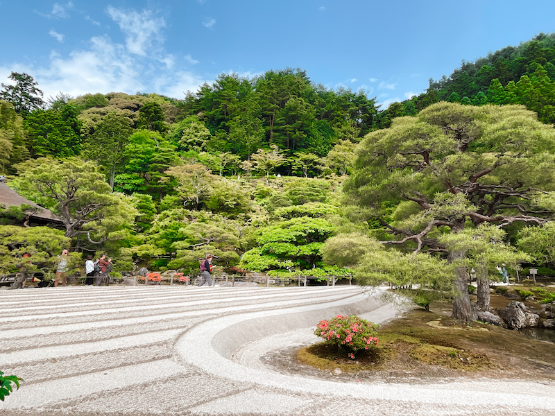 green trees and a courtyard inside a temple complex