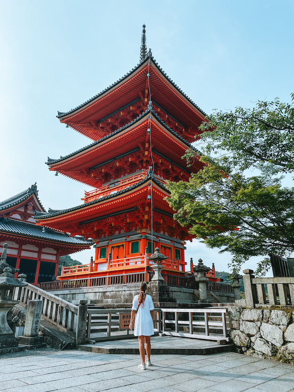 A woman in a white dress standing in front of a vermilion shrine