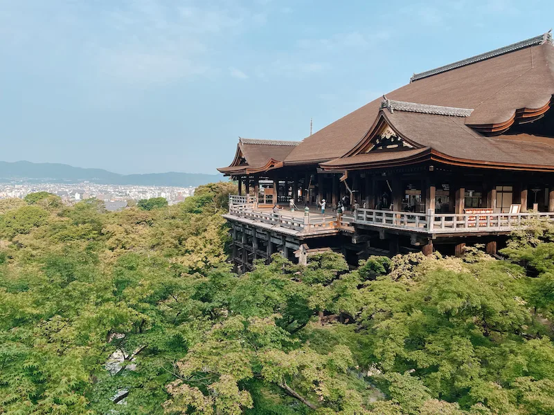 To the right of the image there's Kiyomizu-dera, a famous temple in Kyoto, and there's lush greenery to the left