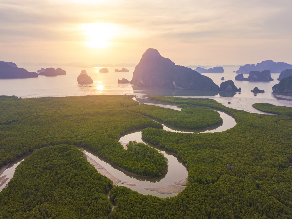 Limestone karsts in the water, mangroves, and a meandering river covered in a hazy light at sunrise