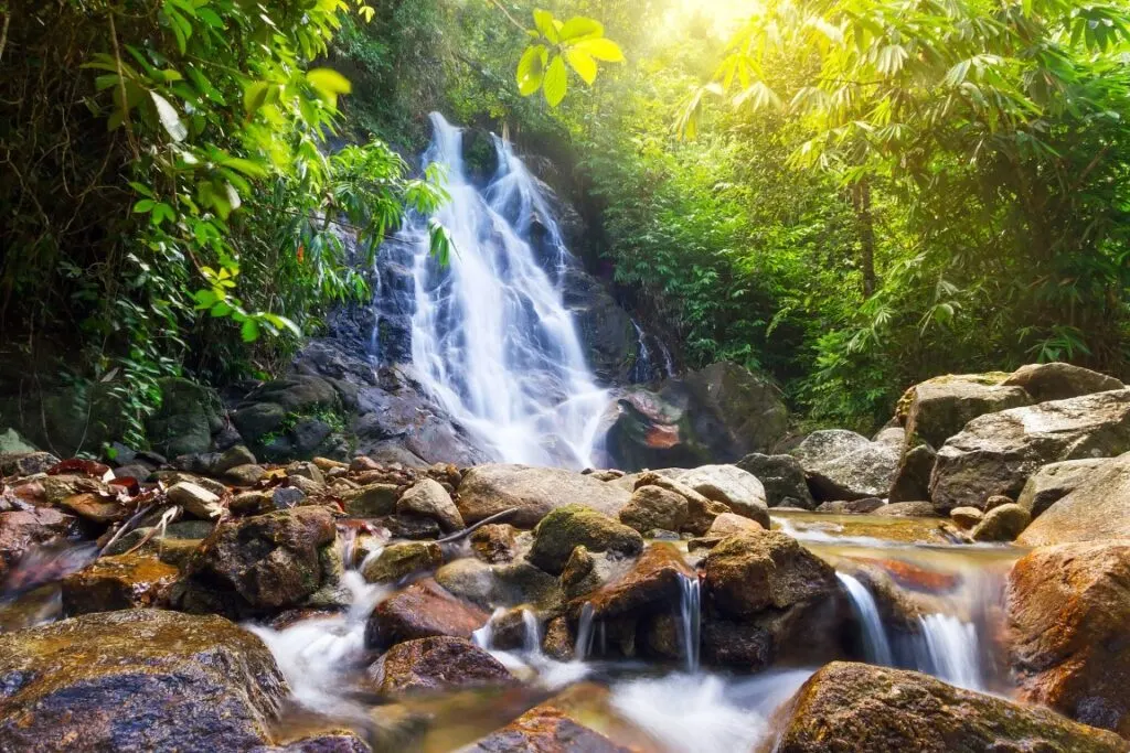 A waterfall with green vegetation and rocks around it 