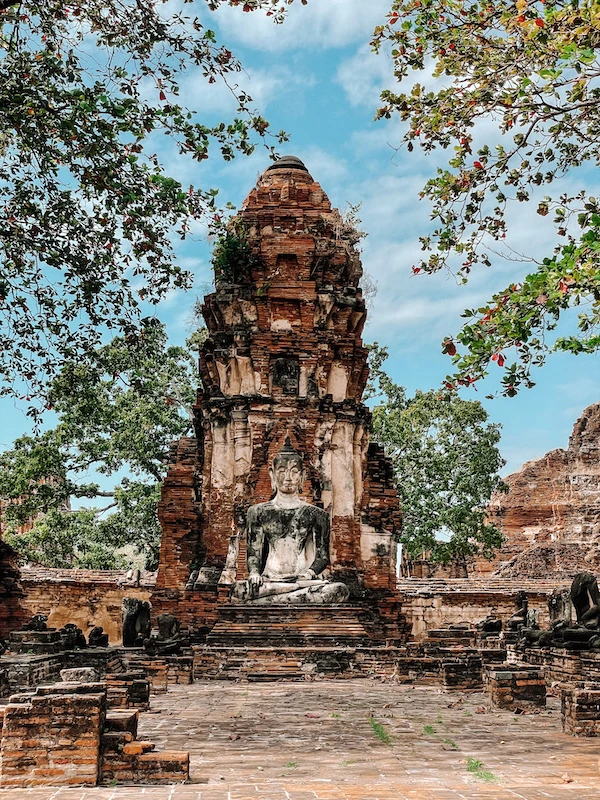 Ancient brick temple with seated Buddha statue in Ayutthaya, Thailand, framed by tree branches against blue sky.