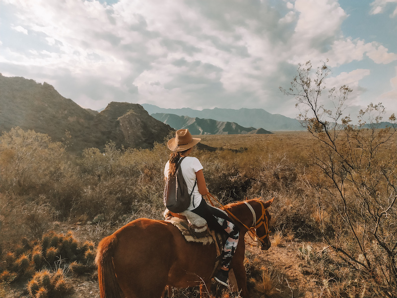 Horse rider in a brown cowboy hat overlooking the Mendoza mountains in Argentina, with desert terrain and cloudy skies in the background.