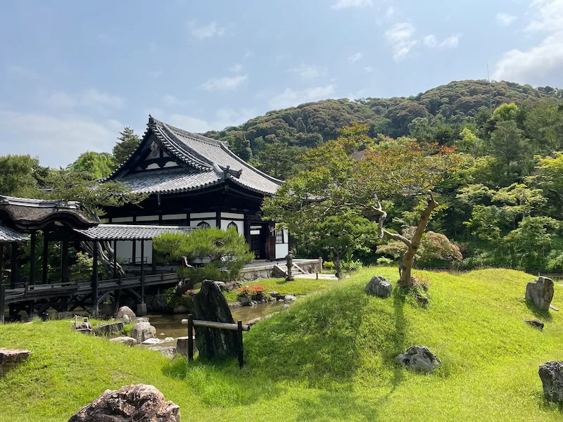 A Japanese temple surrounded by vegetation