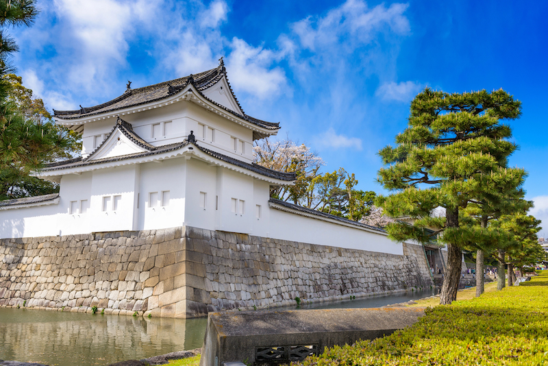 The white Nijo Castle with black roofs, and trees lining it 