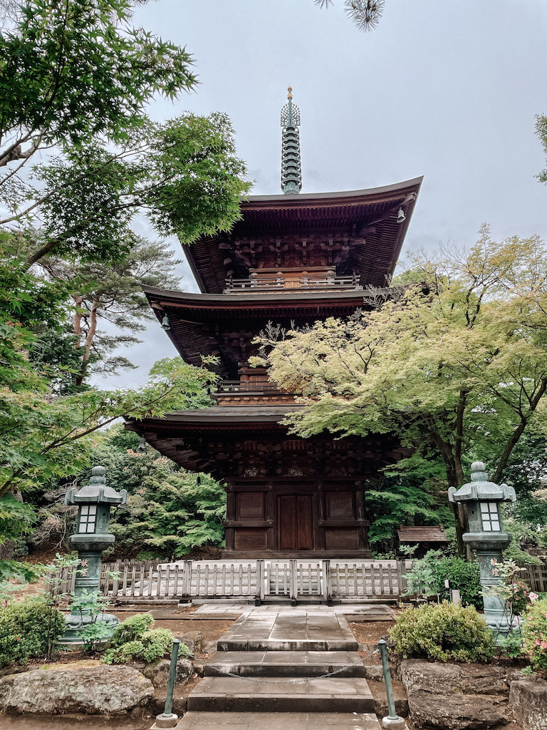 A Japanese pagoda surrounded by vegetation