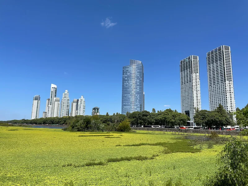 A vast area of greenery, and skyscrapers in the background