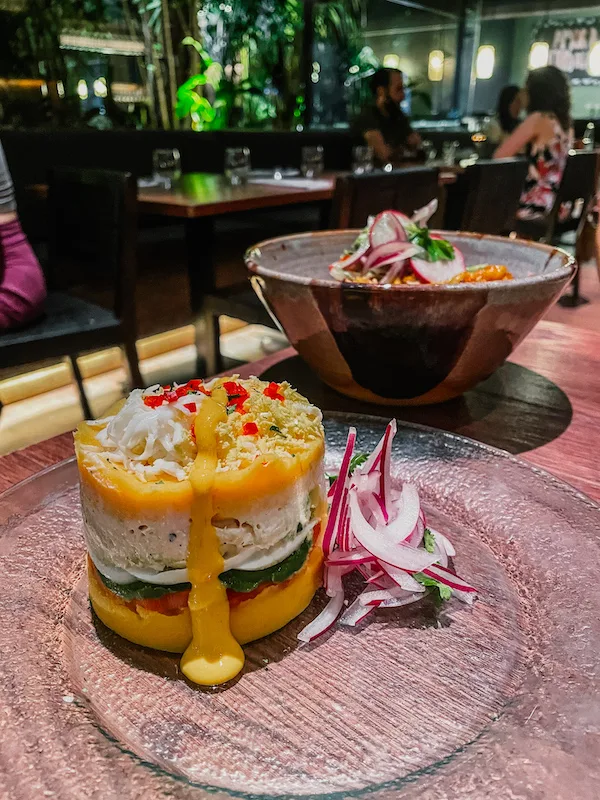 A dessert on a transparent plate