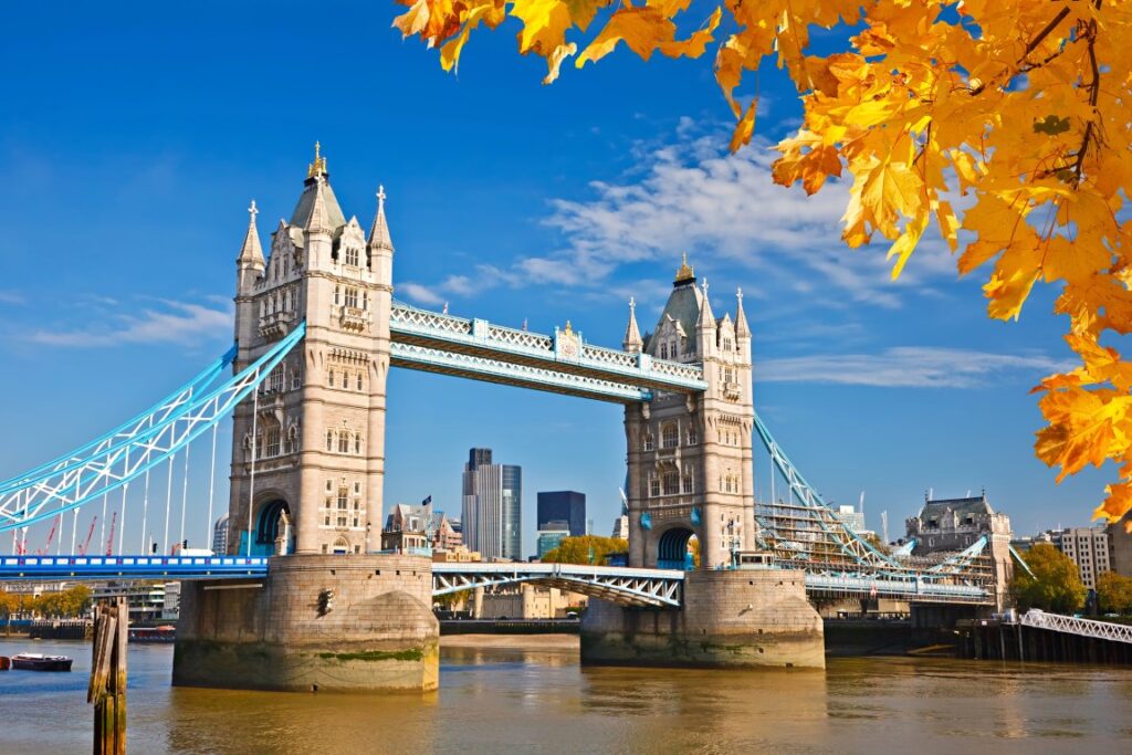 The Tower Bridge on a sunny day, and autumn leaves at the forefront of the image