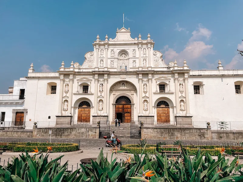 An elegant white building and blue skies 